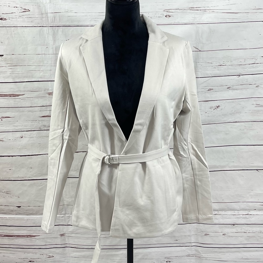 Tahari Asl Open Blazer Jacket Women’s Size M Belted Beige